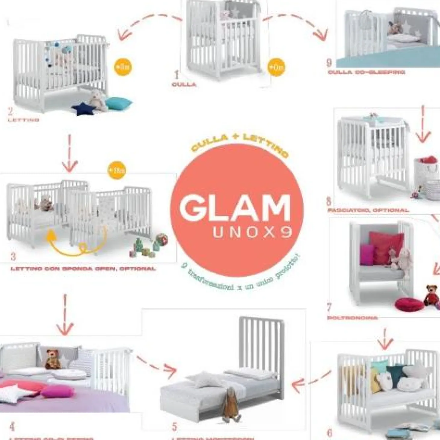 Lettino Glam 9 In 1 + Materasso + Completo Piumone Glam