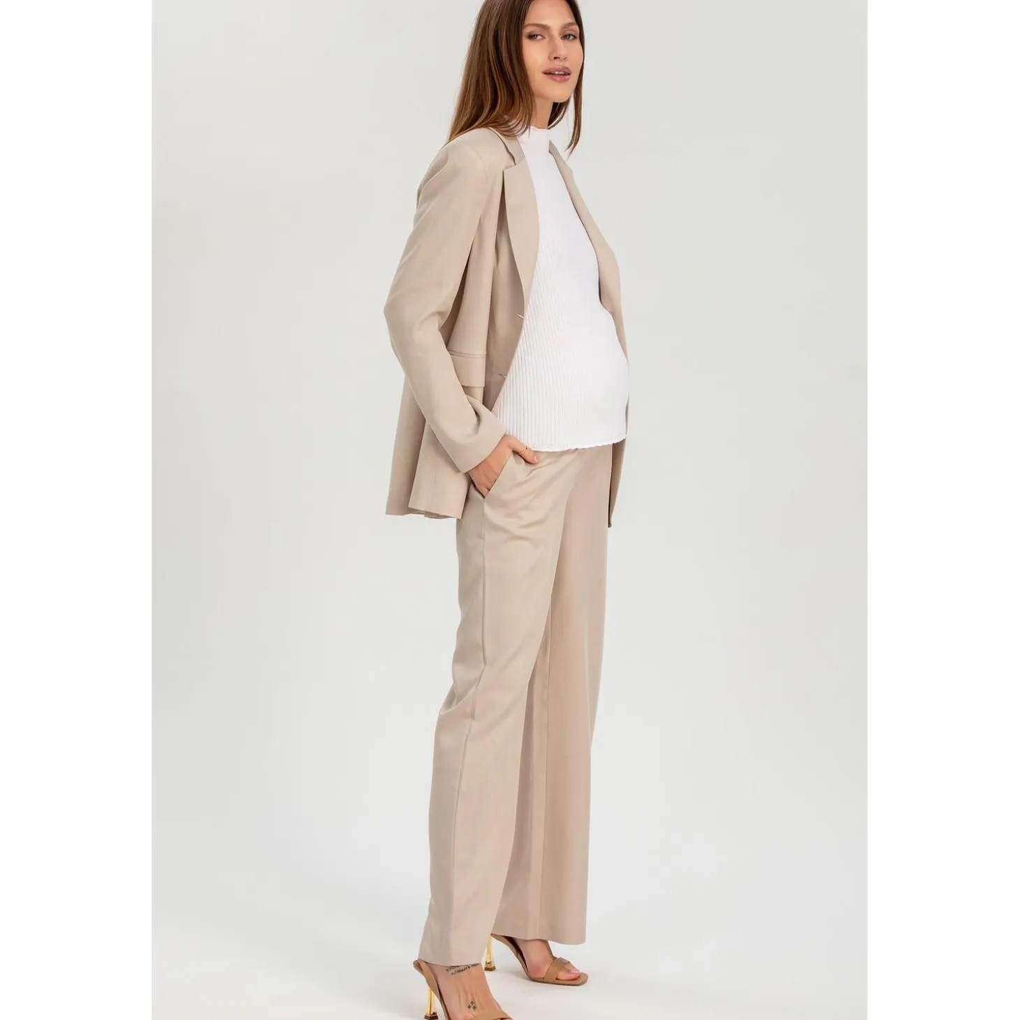 Pantaloni Premaman a Gamba Larga Ice Beige