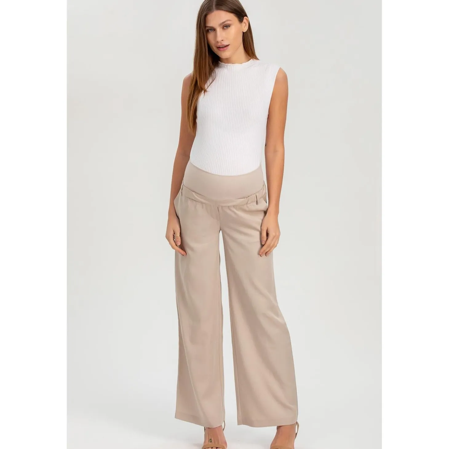 Pantaloni Premaman a Gamba Larga Ice Beige