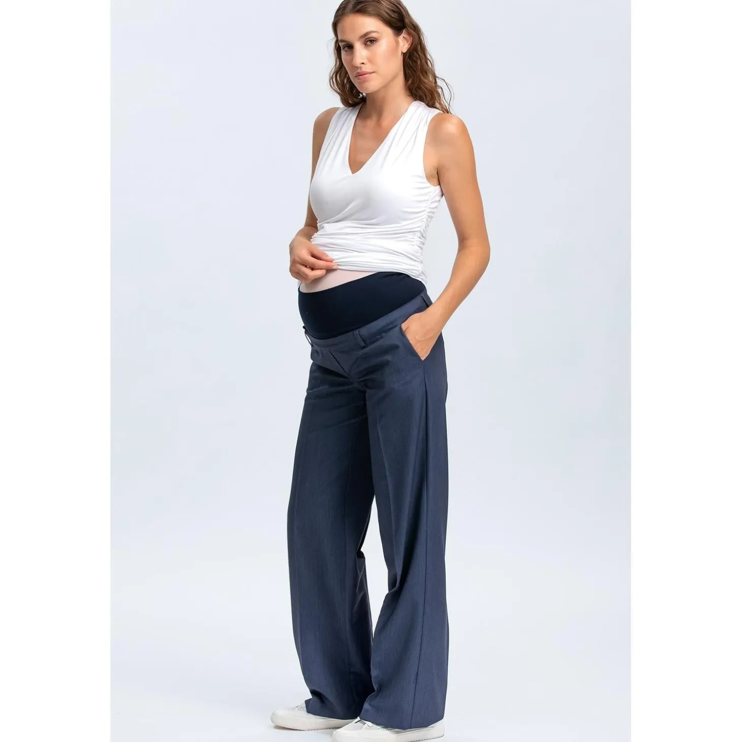 Pantaloni Premaman Denim Blu a Gamba Larga