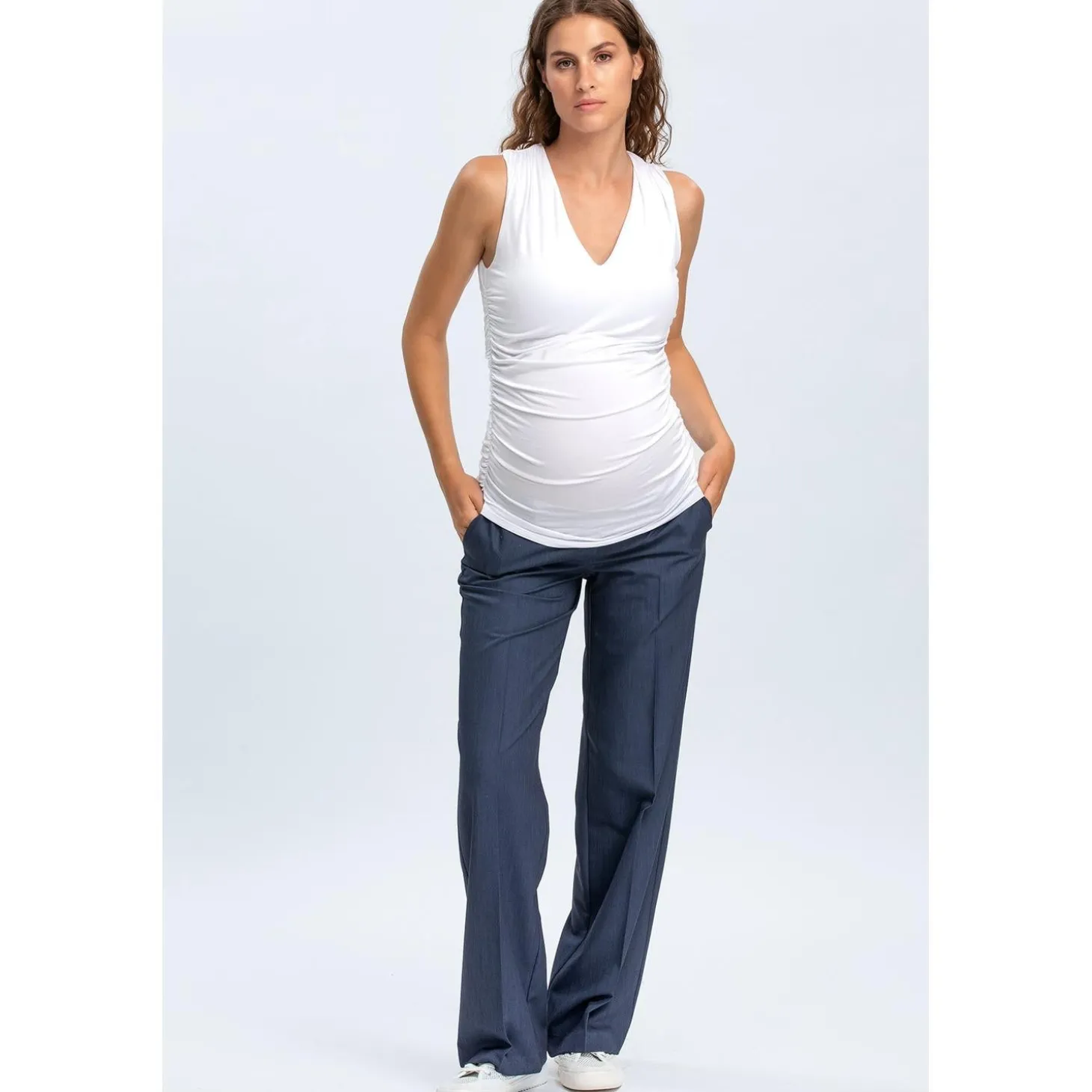 Pantaloni Premaman Denim Blu a Gamba Larga