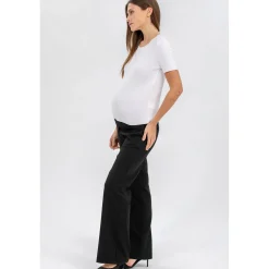 Pantaloni Premaman in Lino Nero a Gamba Leggermente Svasata