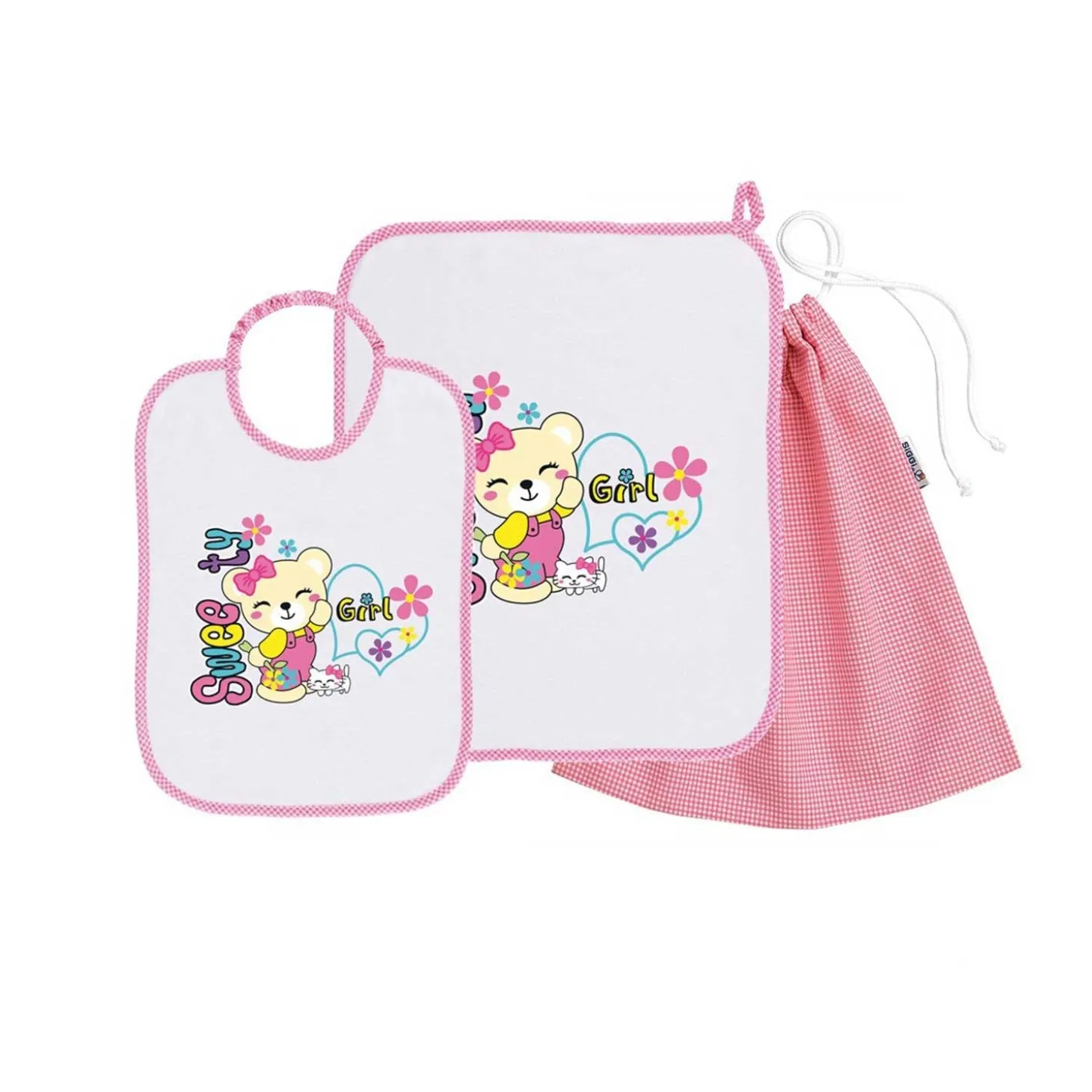 Set Asilo Bimba 3pz Asciugamano Sacchetta Bavaglino