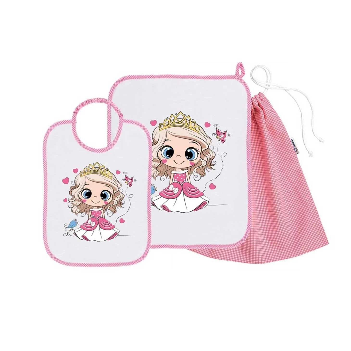 Set Asilo Bimba 3pz Asciugamano Sacchetta Bavaglino