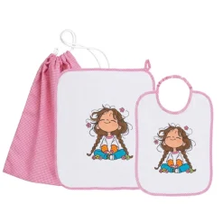 Set Asilo Bimba 3pz Asciugamano Sacchetta Bavaglino