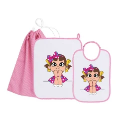 Set Asilo Bimba 3pz Asciugamano Sacchetta Bavaglino